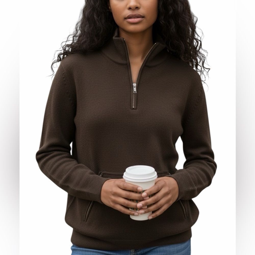 New BELFORD 1/4 Zip Sweater Pullover Kangaroo Pocket Brown Cotton Mock Neck M